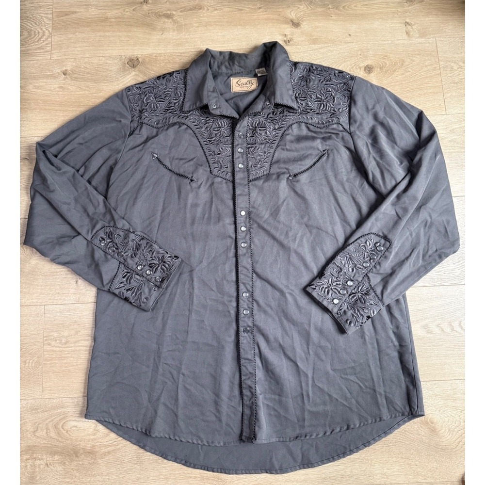 EUC Scully Shirt Mens Gray Embroidery Western Pearl Snap Retro cowboy size XXL